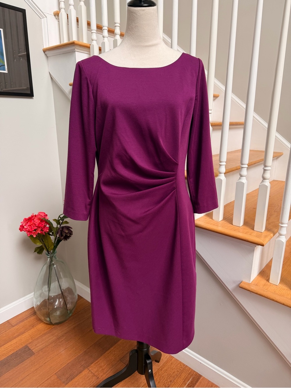 Tahari Size 12 Plum 3/4 Sleeve Draped Sheath Dress Rouching Back Zip